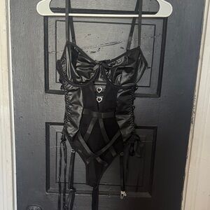 Black Strappy Satin & Mesh Bodysuit with Garter Detail